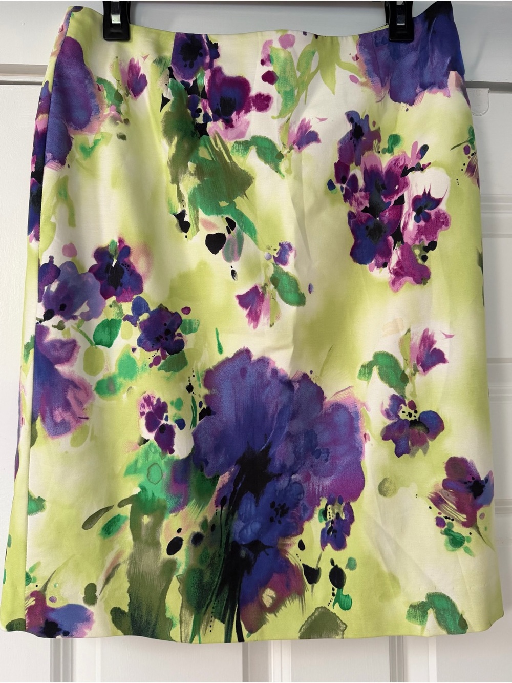 Jones New York Yellow Floral Watercolor Pencil Skirt with Purple Blooms